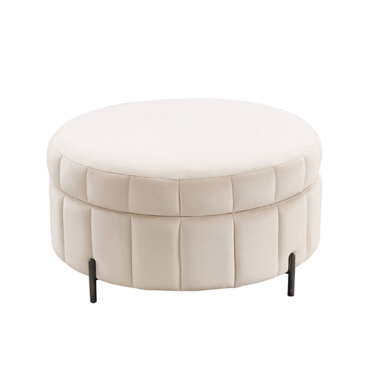 Upholstered Round Ottoman With Reversible Lid, Channel Tufted Pumpkin Shape