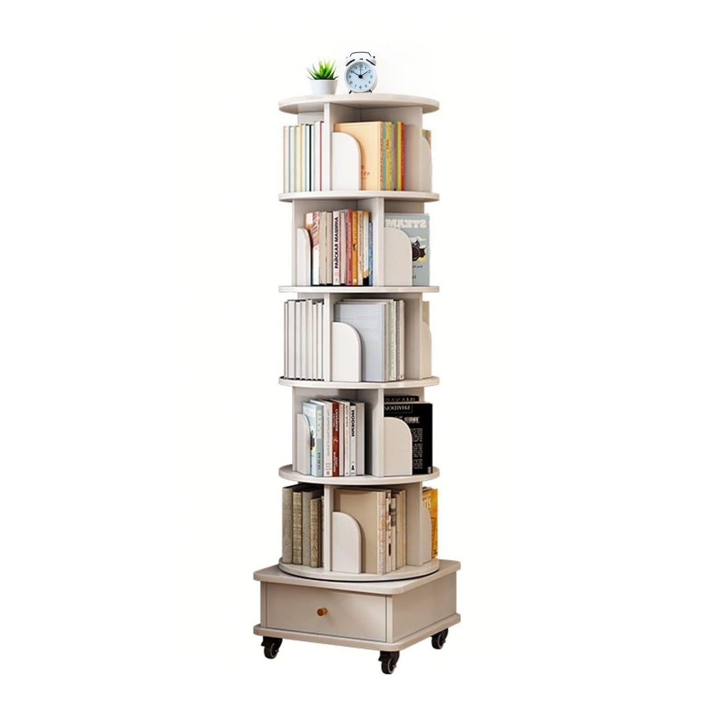 Rotating Bookshelf With Wheels And Drawer, 360° Spinning Design, Space Saving Storage
