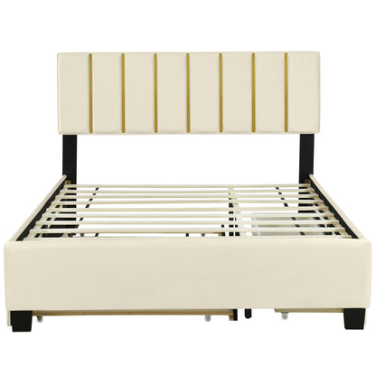 Upholstered Platform Bed With 2 Drawers And 1 Trundle, Classic Strip Headboard Design