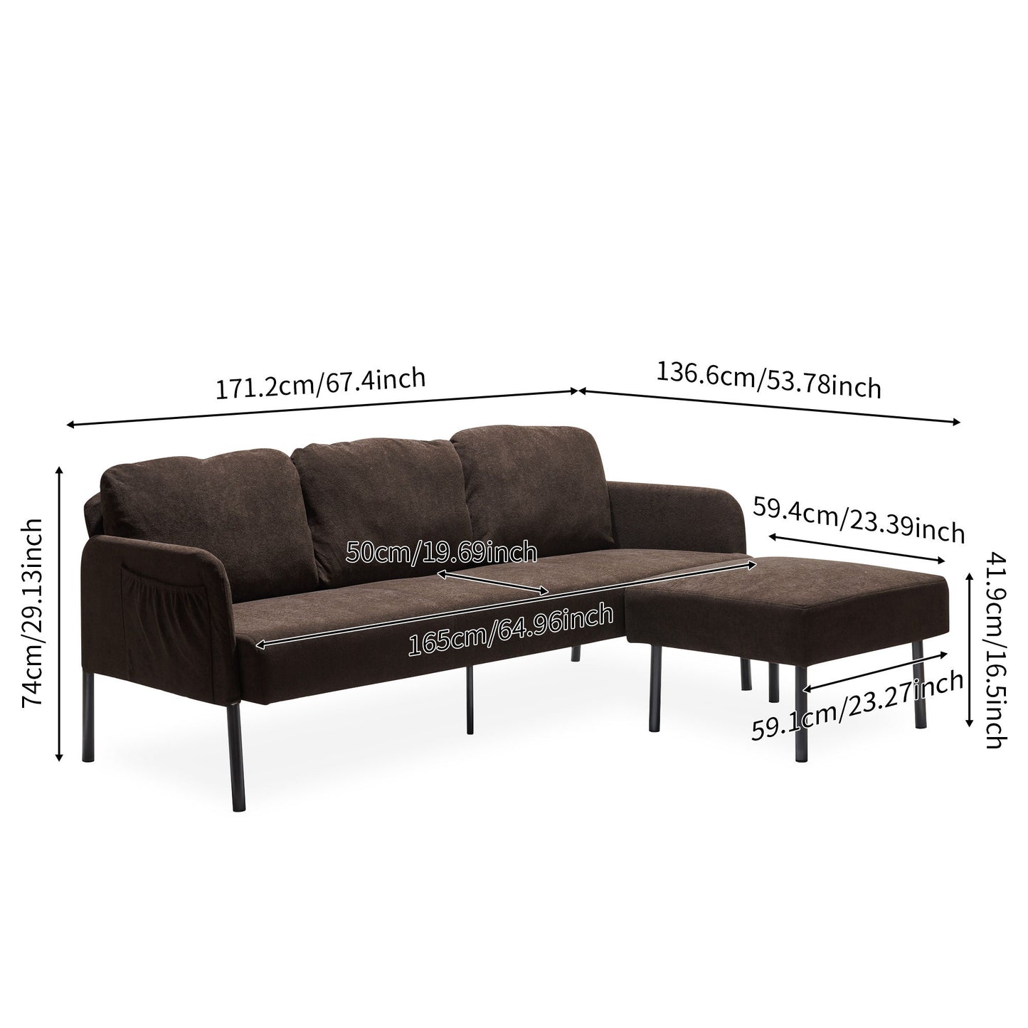 Modern L Shaped 3 Seater Sofa With Ottoman, Upholstered Couch For Small Spaces