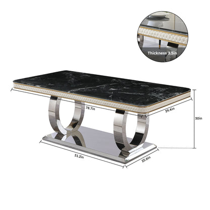 Luxury Modern Dining Table With 6 Chairs Marble Top Titanium Plated Base - Black