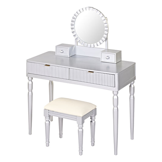 Luxury Vanity Desk With Round Mirror Height Adjustable Dressing Table Set Engineered Wood - Silver
