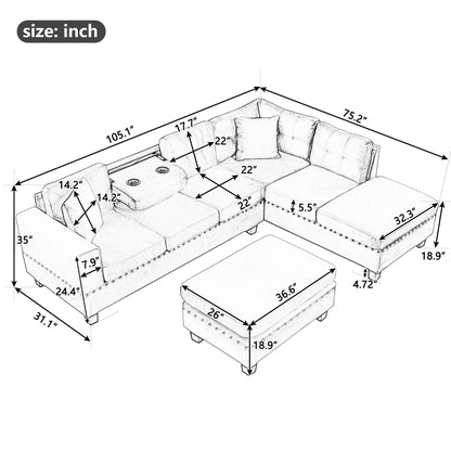 Modern Sectional Sofa With Storage Ottoman, L - Shape Couch With 2 Pillows And Cup Holders
