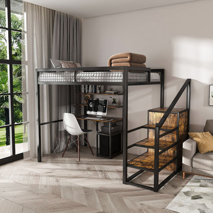 Full Size Loft Bed With Desk & Wardrobe Heavy Frame, Built In Staircase, Storage Rack & Shelves Gaming Bed - Black