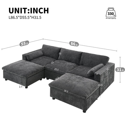 Modular Sectional With Storage Pockets, 5 Seat U Shaped Couch Set With Pillows, Free Combination Modern Cloud Sofa With 2 Movable Ottoman