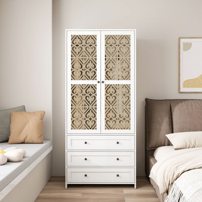 Hollow Pattern 2 Door 3 Drawer Wardrobe, The Collision Of Wood Color, Suitable For Bedrooms And Dressing Rooms - White