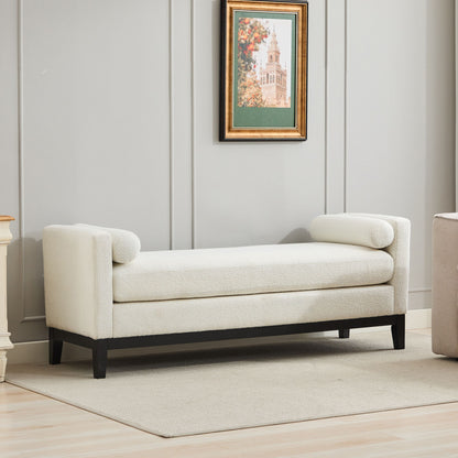 Elegant Upholstered Bench, Daybed, Ottoman With Wood Legs & Bolster Pillows - Ivory Boucle