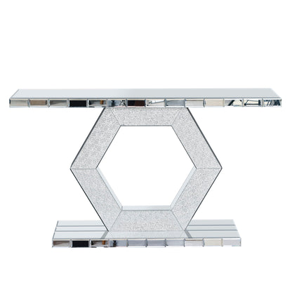 Sparkling Crystal Hexagon Mirror Entryway Premium Modern Foyer Console Table With Diamond Glass Effects, Dual Tier Luxury Sofa Table - Silver