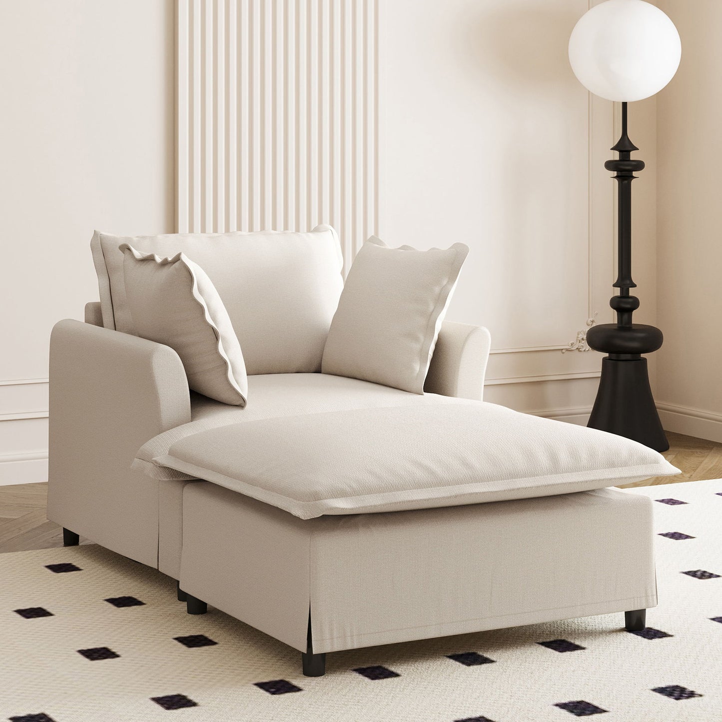 Oversized Chaise Lounge Indoor Single Sofa Bed With Wide Seat, Upholstered Lazy Sleeper Armchair With Movable Ottoman Reading Couch Set