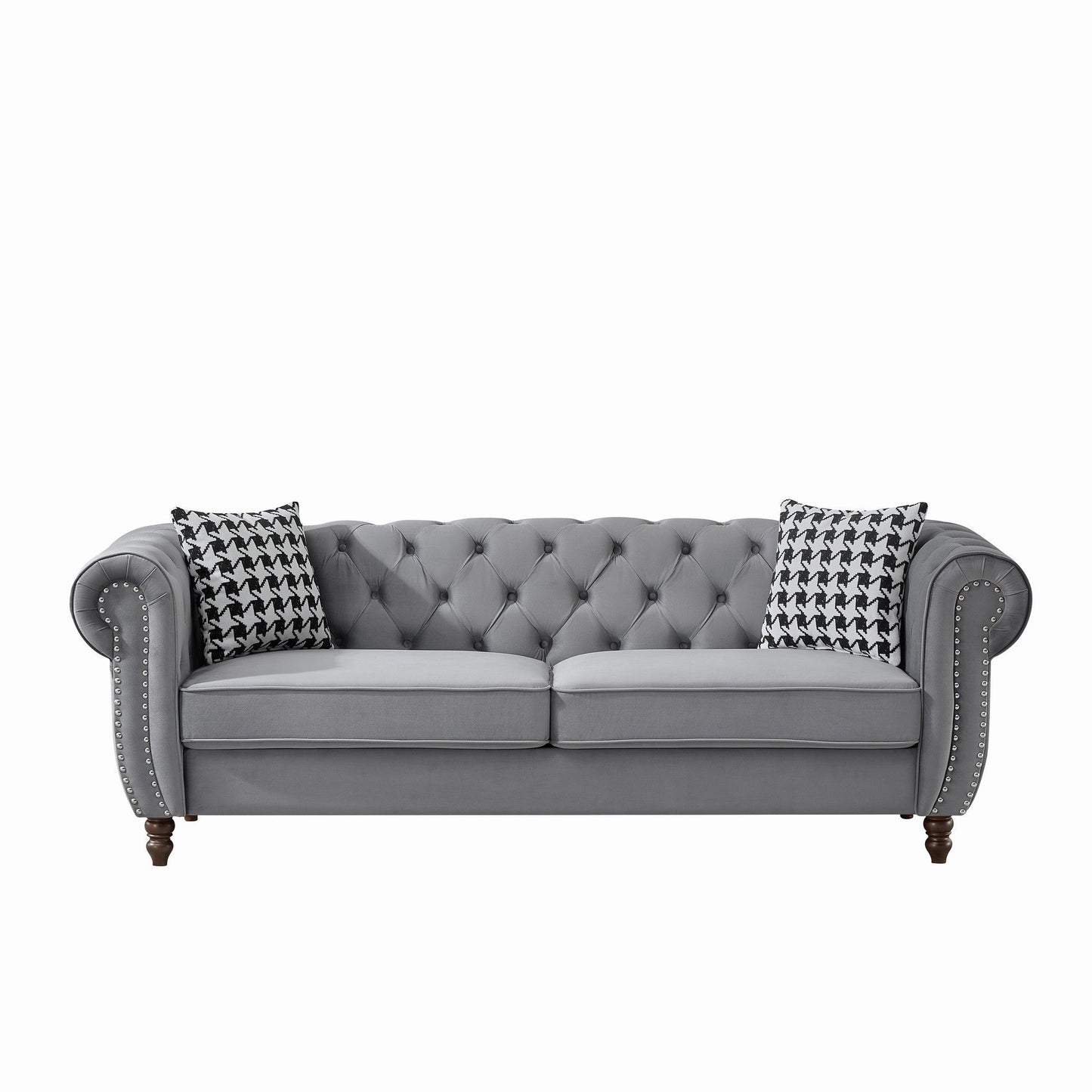 Chesterfield Velvet Upholstery Fabric Sofa With Roll Armrest & Nailhead