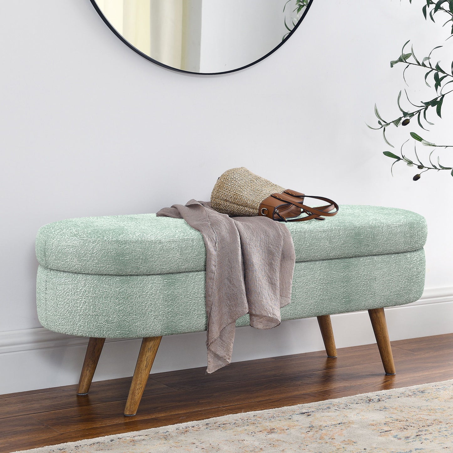 Modern Ottoman Oval Storage Bench With Rubber Wood Legs