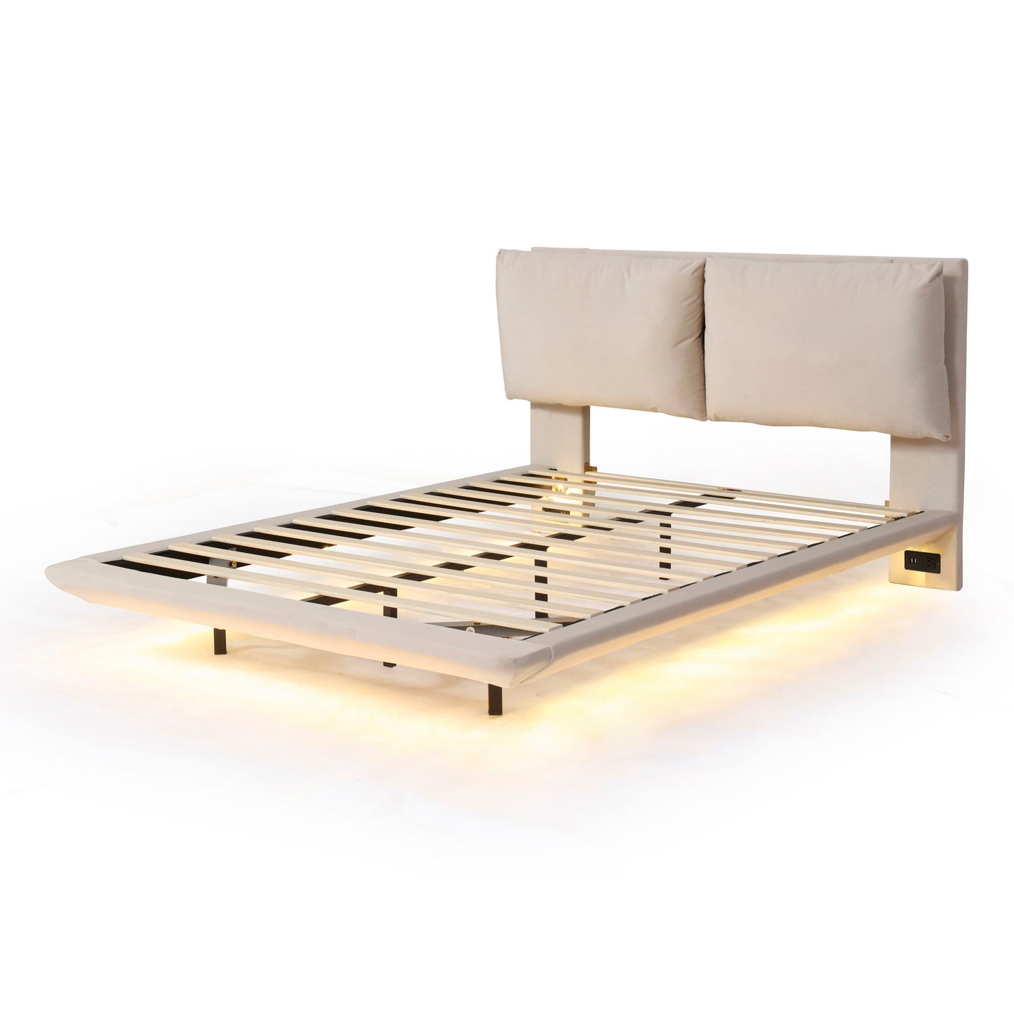 Upholstered Platform Bed With Sensor Light And 2 Large Backrests, With 2 Sets Of USB Port And Socket On Each Rear Bed Leg