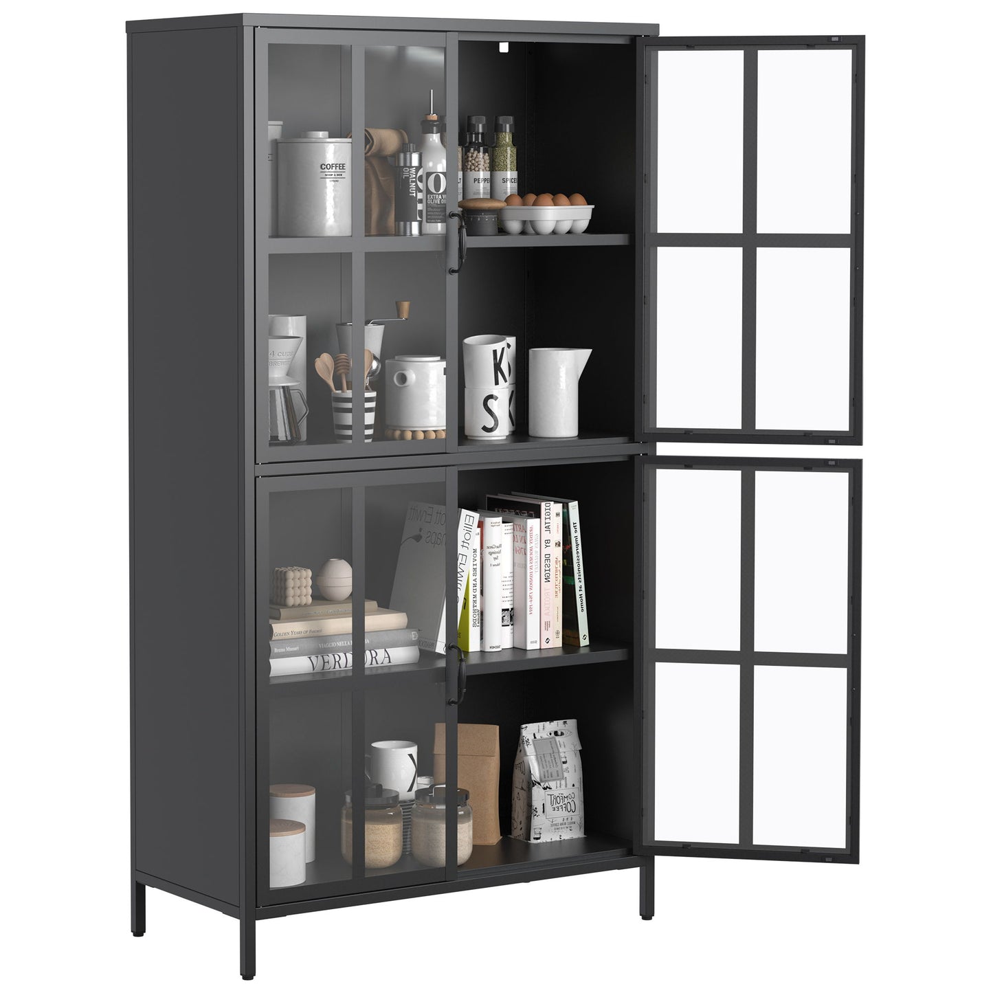Premium Metal Storage Cabinet With Tempered Glass Doors, Adjustable Shelves, And Anti Tipping Device - Black