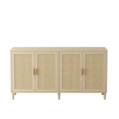 Rattan Buffet Cabinet With Storage, 4 Door Sideboard, Adjustable Shelves - Natural