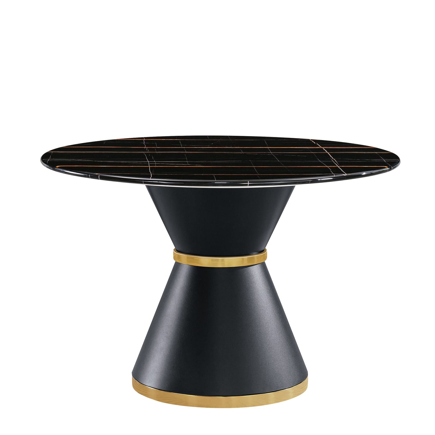 Marble Printed Round Dining Table - Black Columnar Base With Gold Annulus Not Including Chairs - Black