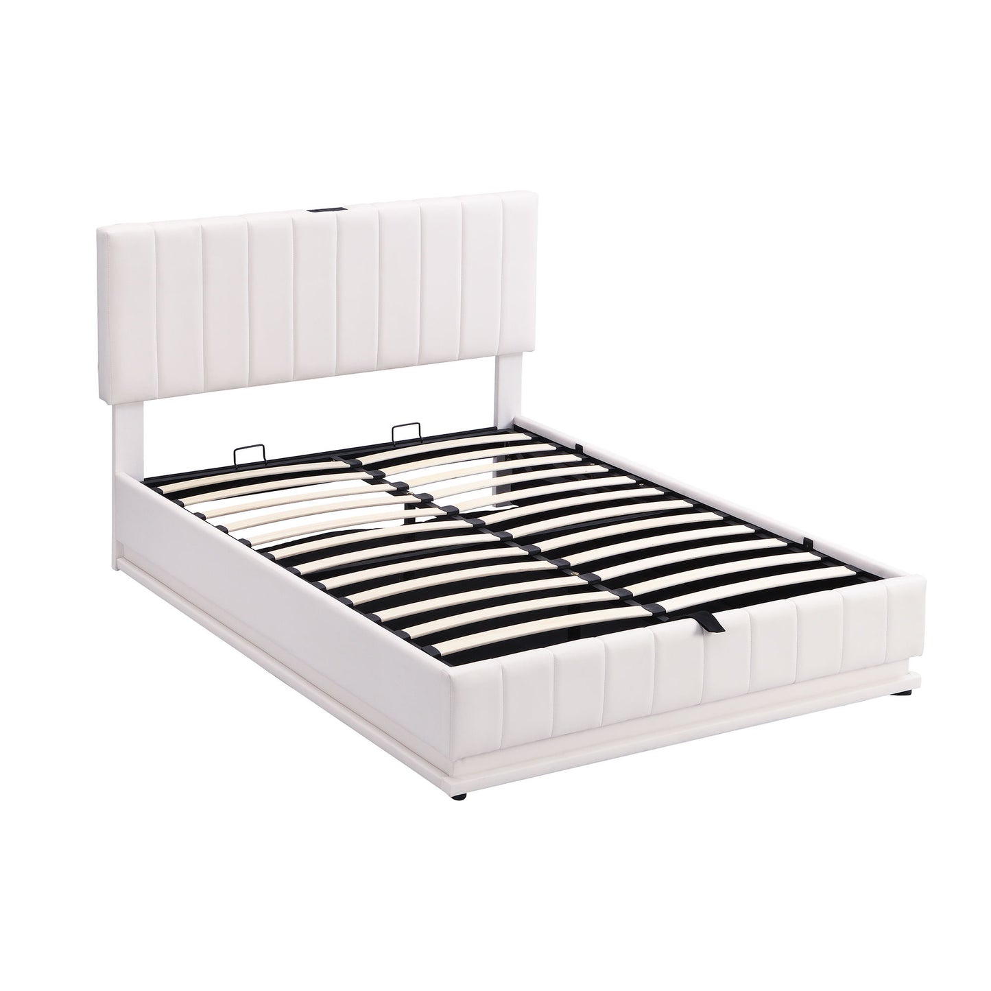 Upholstered Bed With Hydraulic Storage System And LED Light, With Sockets And USB Ports