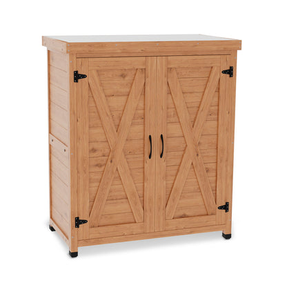 Rustic Cedar Potting Bench With Storage Cabinet And Metal Table Top For Outdoor Patio - Light Brown