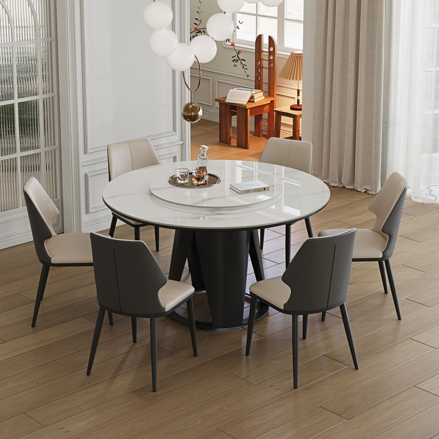 Modern Sintered Stone Dining Table With Round Turntable, Metal Pedestal, And Chairs