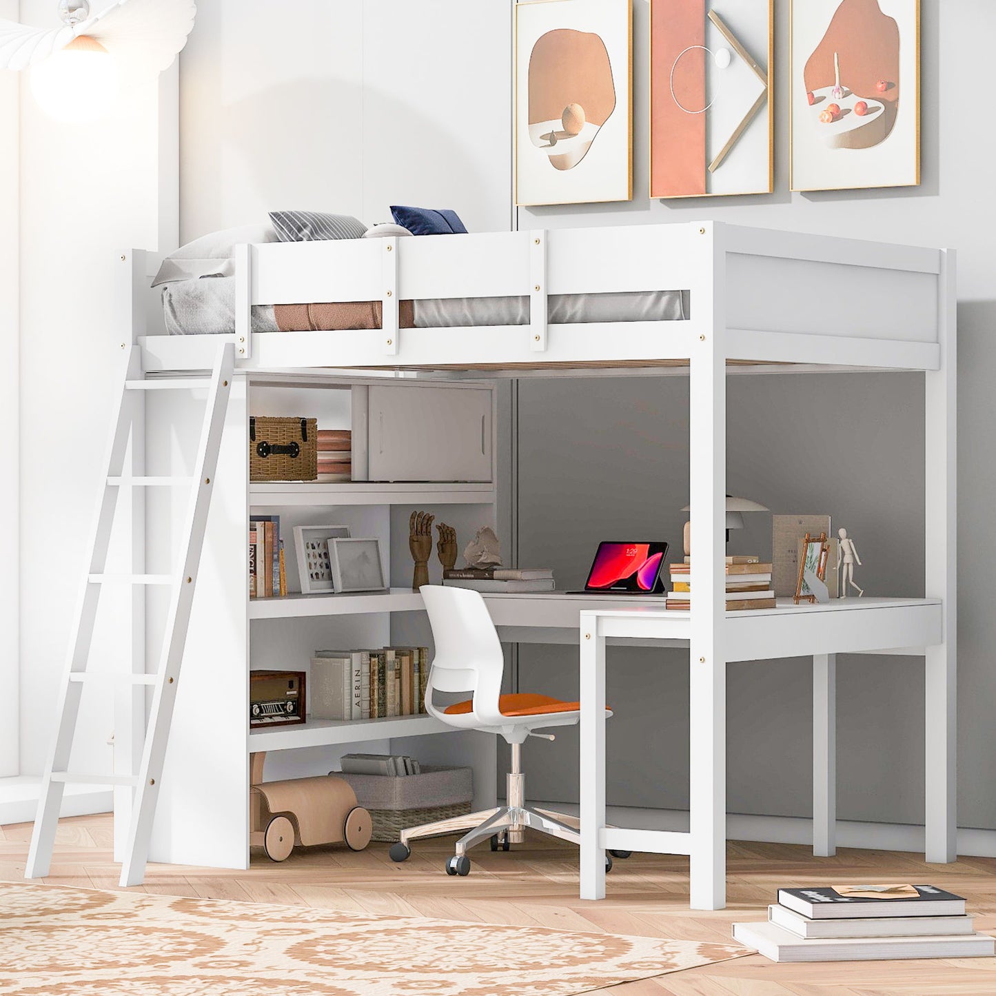 Modern Loft Bed With Desk And Shelves