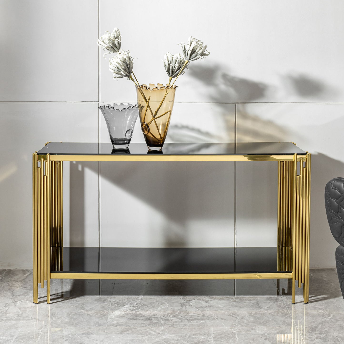 Modern Glass Top Mirror Stainless Steel Console Table For Living Room, Tempered Glass - Black / Gold