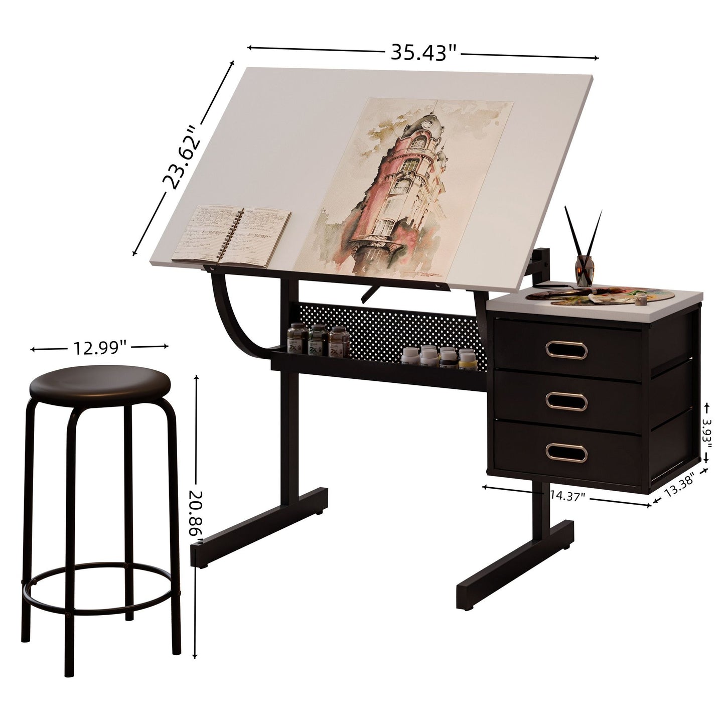 Adjustable Drafting Drawing Table With Stool And 3 Drawers - White / Black