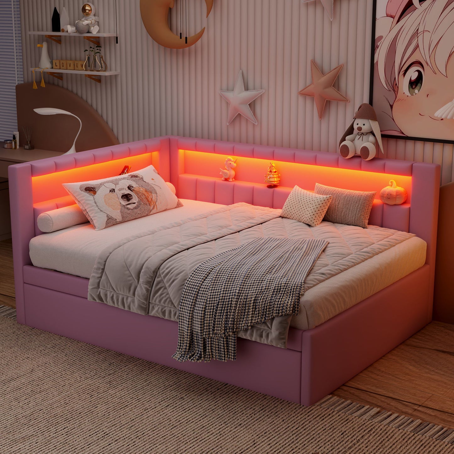 Upholstered Platform Bed With USB Ports And LED Belt