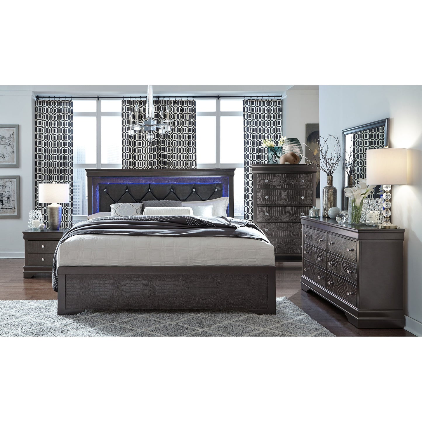Shaker - 5 Pieces Bedroom Set With Crystal Inspired Tufted Headboard And LED Lighting