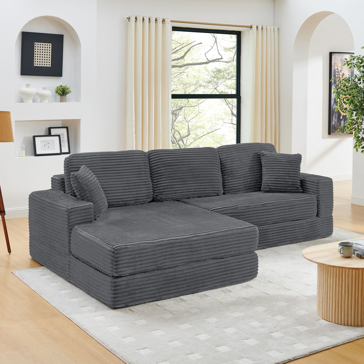 Modern Minimalist L Shape Modular Sectional Sofa, Corduroy Couch