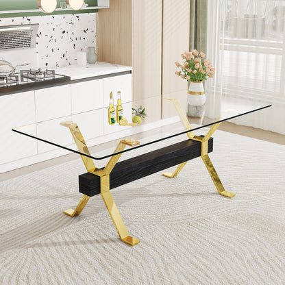 Modern Tempered Glass Dining Table With Metal Legs And Crossbars - Transparent