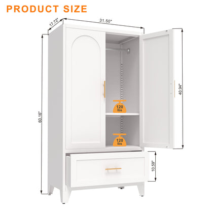Wardrobe Cabinet With 1 Drawer And Hanging Rod, 2 Doors Closet With Shelf For Bedroom - White
