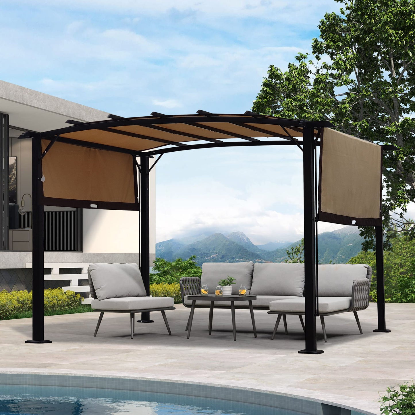 Outdoor Patio Pergola Gazebo - Steel Frame Sun Shelter With Retractable Canopy