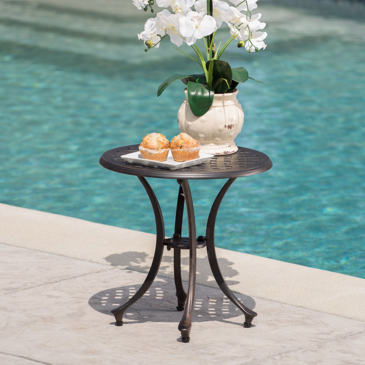 Lunaire - Outdoor Round Cast Aluminum Side Table With Lattice Top And Curved Legs - Bronze