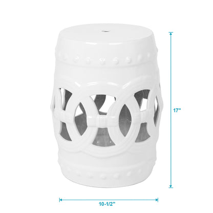 Elegant Glazed Ceramic Drum Stool Indoor / Outdoor Side Table Accent Garden Stool - White