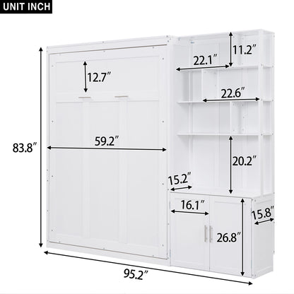 Full Size Murphy Bed With Multiple Storage Shelves And A Cabinet - White