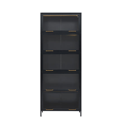 Modern Steel Display Cabinet With Glass Doors And LED Lights, 5 Tier Steel Barrister Bookcase For Home Or Office - Black
