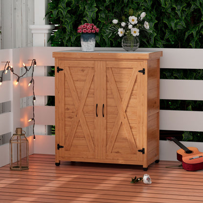 Rustic Cedar Potting Bench With Storage Cabinet And Metal Table Top For Outdoor Patio - Light Brown