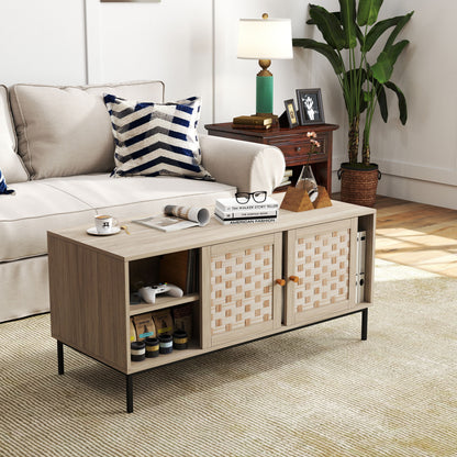 Elegant Veener Weaving Design Coffee Table With 4 Sliding Doors - Natural Wood