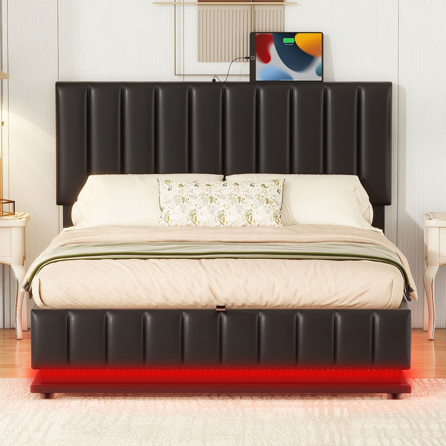 Upholstered Bed With Hydraulic Storage System And LED Light, With Sockets And USB Ports