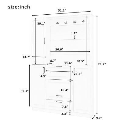 Entryway Bench With Integrated Shoe Cabinet, 3 In 1 Design And Mirrored Cabinet Door, Hall Tree With 4 Sturdy Hooks And Foldable Seat For Entrance, Living Room - White