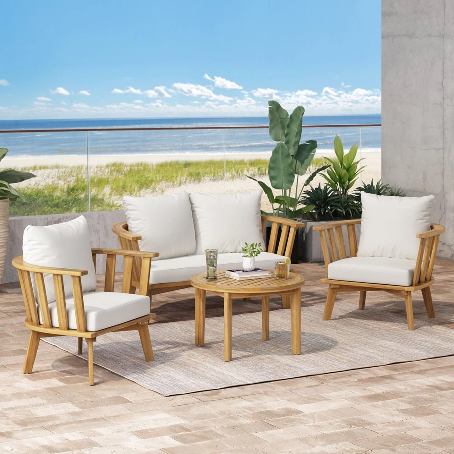 Patio Furniture Set, Outdoor Acacia Wood Patio Club Chair With Table