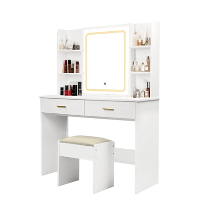 Vanity Desk With Mirror And LED Lights 3 Lighting Modes And Power Outlet 2 Spacious Drawers And Stool - White