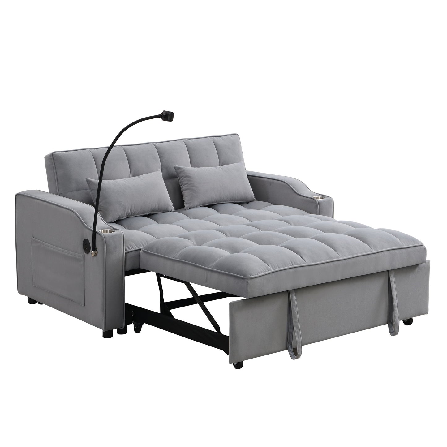 Modern Velvet Loveseat Futon Sofa With Pullout Bed, Adjustable Reclining Backrest, Toss Pillows