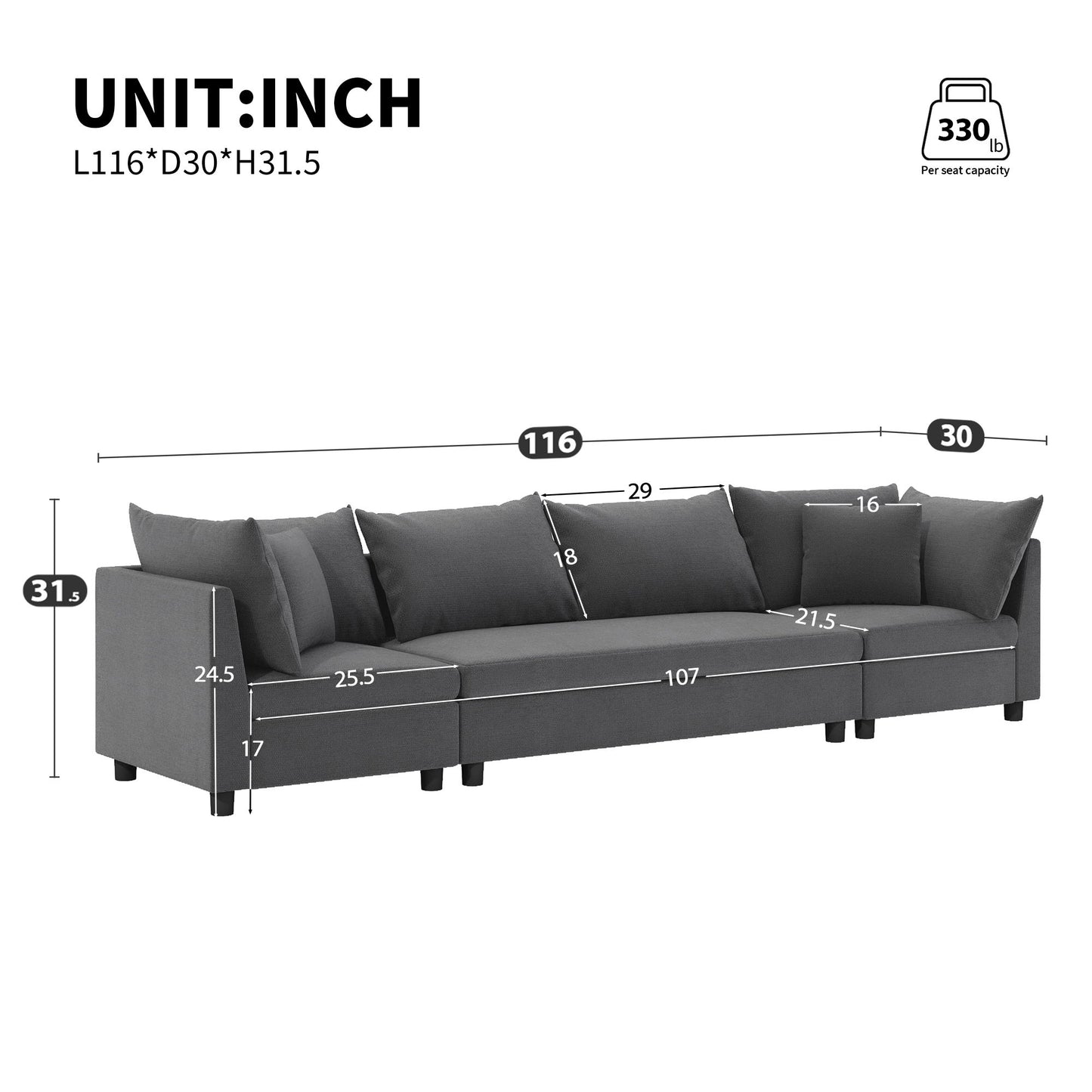 Modern Modular Sectional Oversized 4 Seat Couch Set & 4 Pillows, Minimalist Style Wide Seat Comfy Sofa - Gray