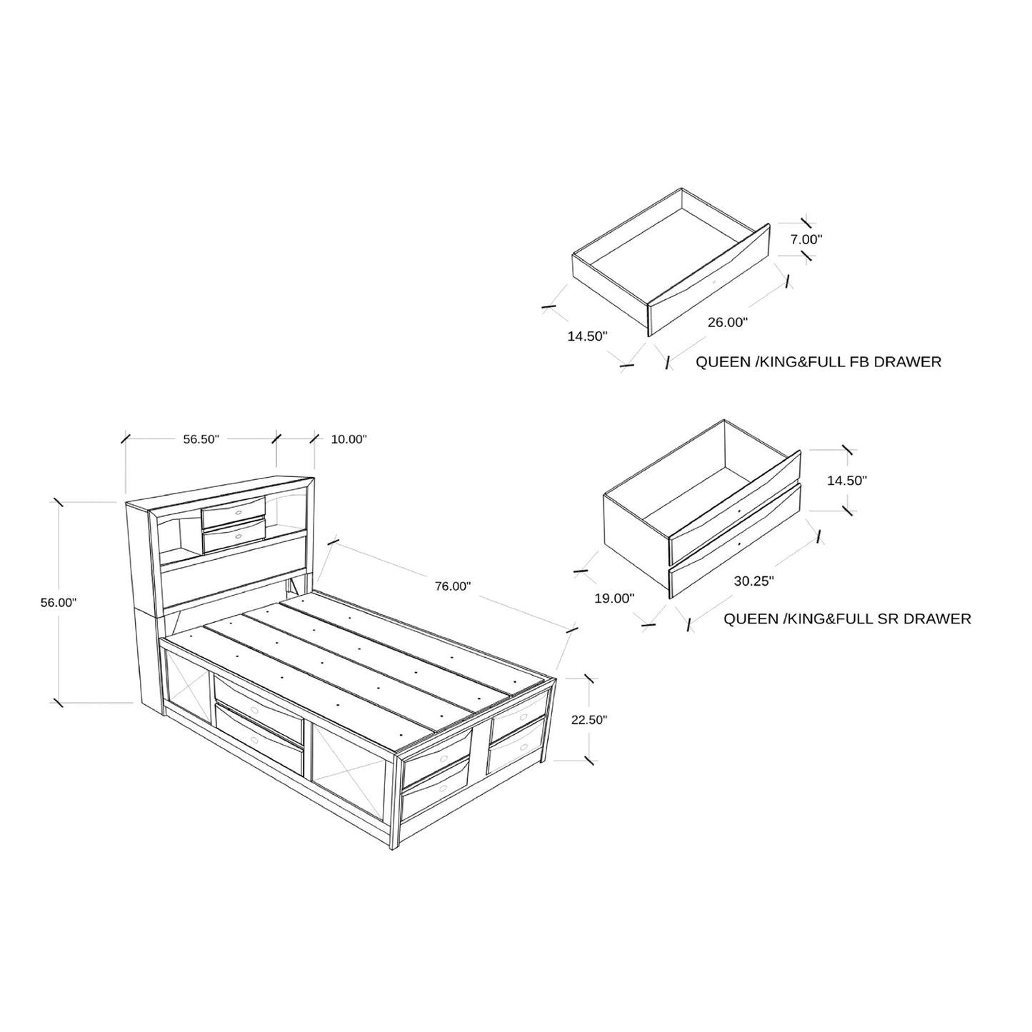 Lucille - 5 Piece Bedroom Set With Storage Drawers And Bookcase Headboard