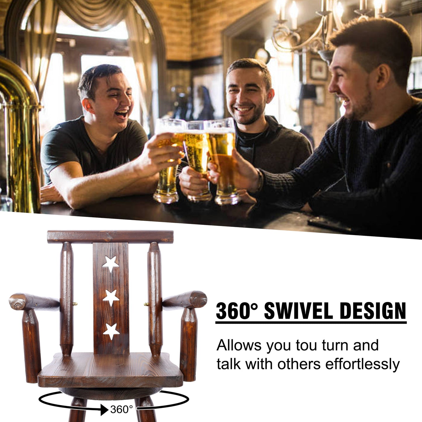 Rustic Tall Bistro Chair Decorative Star Backrest And Footrest, Fir Wood, 4 Foot - Brown