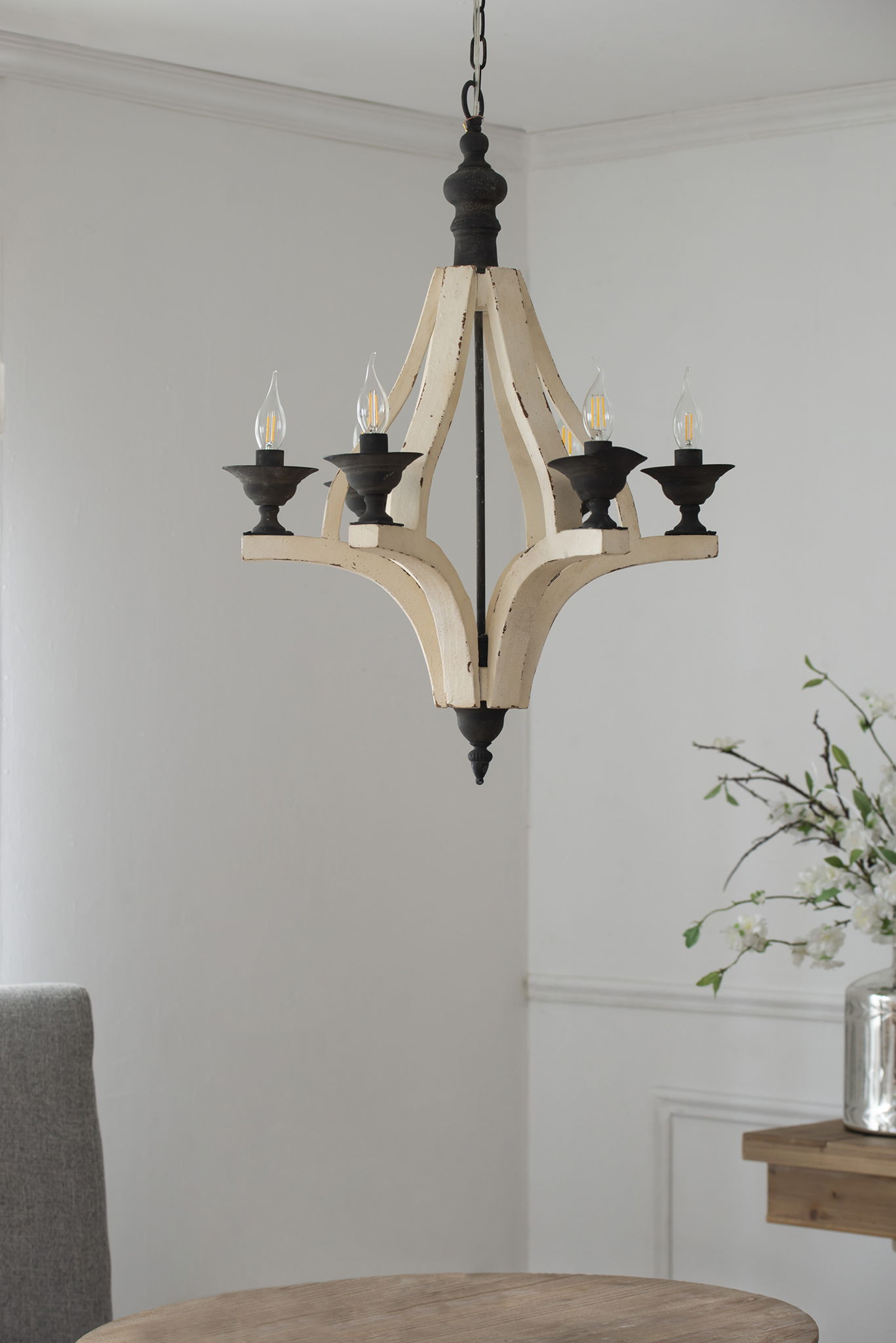 6 Light Wood Chandelier, Hanging Light Fixture With Adjustable Chain For Kitchen, Bulb Not Included - Cream