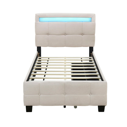 Upholstered Platform Bed With LED Frame, With Trundle And 2 Drawers