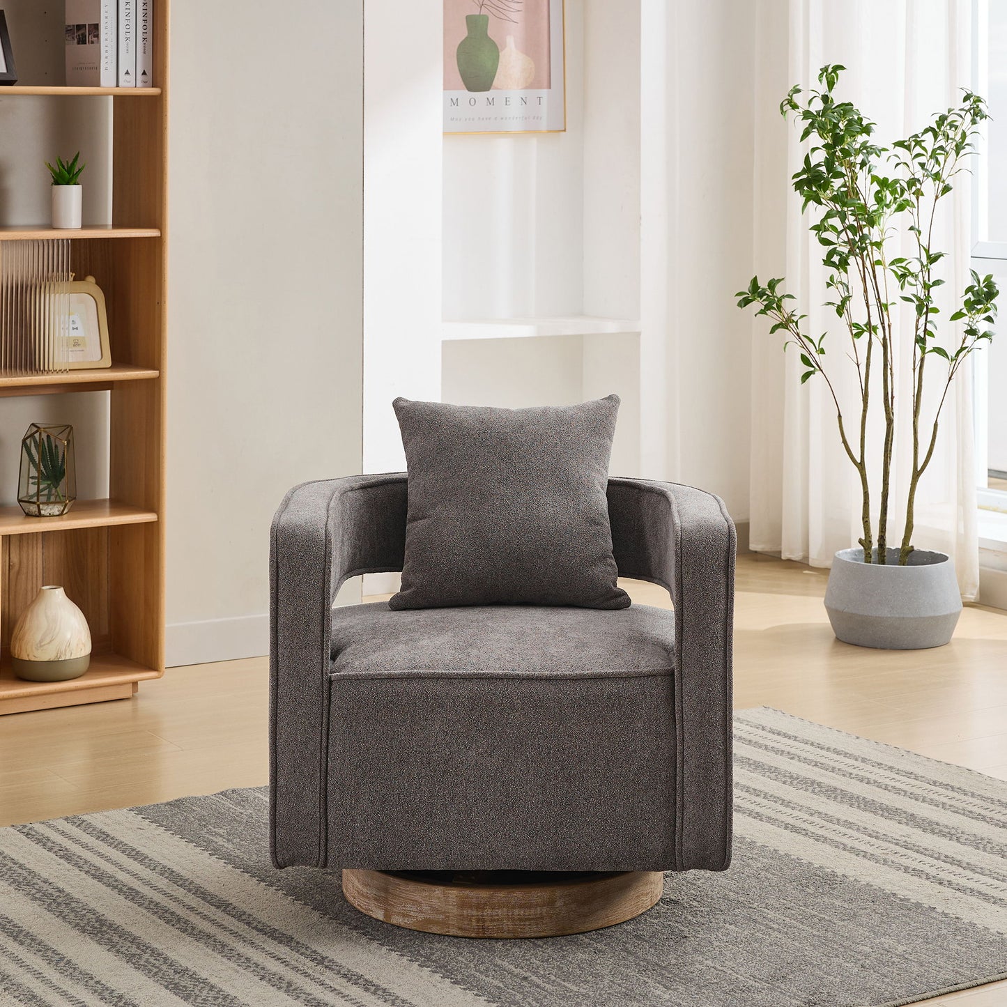 Swivel Accent Open Back Barrel Chair With Weathered Base