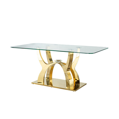 Tempered Clear Glass Rectangular Dining Table With Stainless Steel Base - Gold