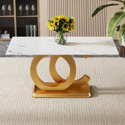 Modern Minimalist Rectangular Dining Table For 6 - 8 People With Brackets And Aureate Base - Gold